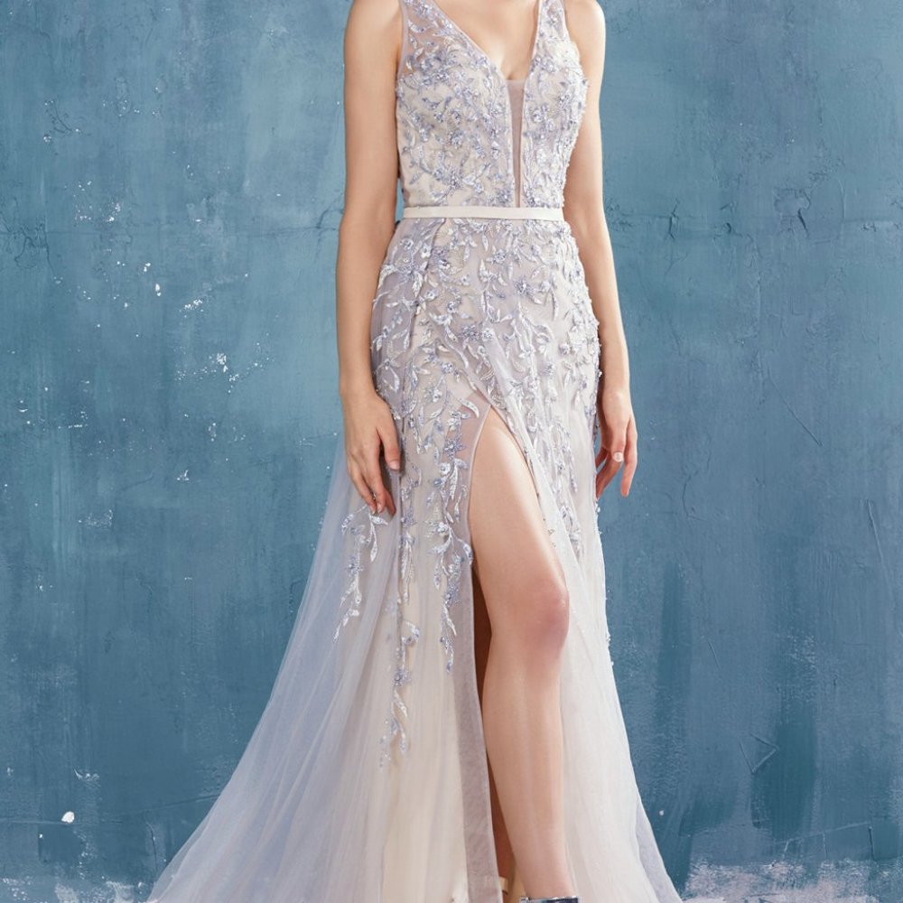 BEADED LACE V-NECK FIT AND FLARE GOWN W/SLIT 0817 - Picture 8 of 9